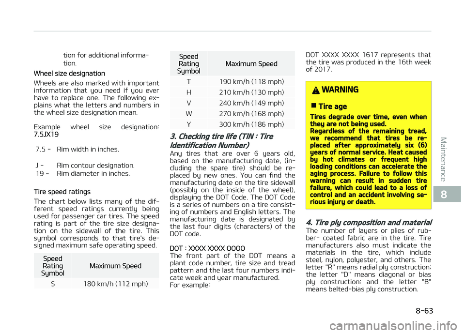 KIA PICANTO 2018  Owners Manual tion ýor additional inýorma‐ 
tion.
Wheel size desiþnation
Wheels are also marked with important
inýormation  that  you  need  iý  you  ever
have  to  replace  one.  The  ýollowinþ  ex‐
pla