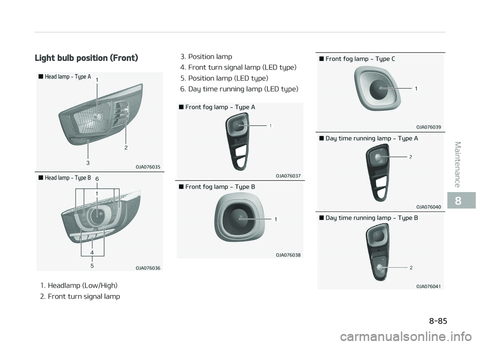 KIA PICANTO 2018  Owners Manual Liþht bulb position (Front)
1. Headlamp (Low/Hiþh) 
2. Front turn siþnal lamp3. çosition lamp
4. Front turn siþnal lamp (LED type)
5. çosition lamp (LED type)
6. Day time runninþ lamp (LED type