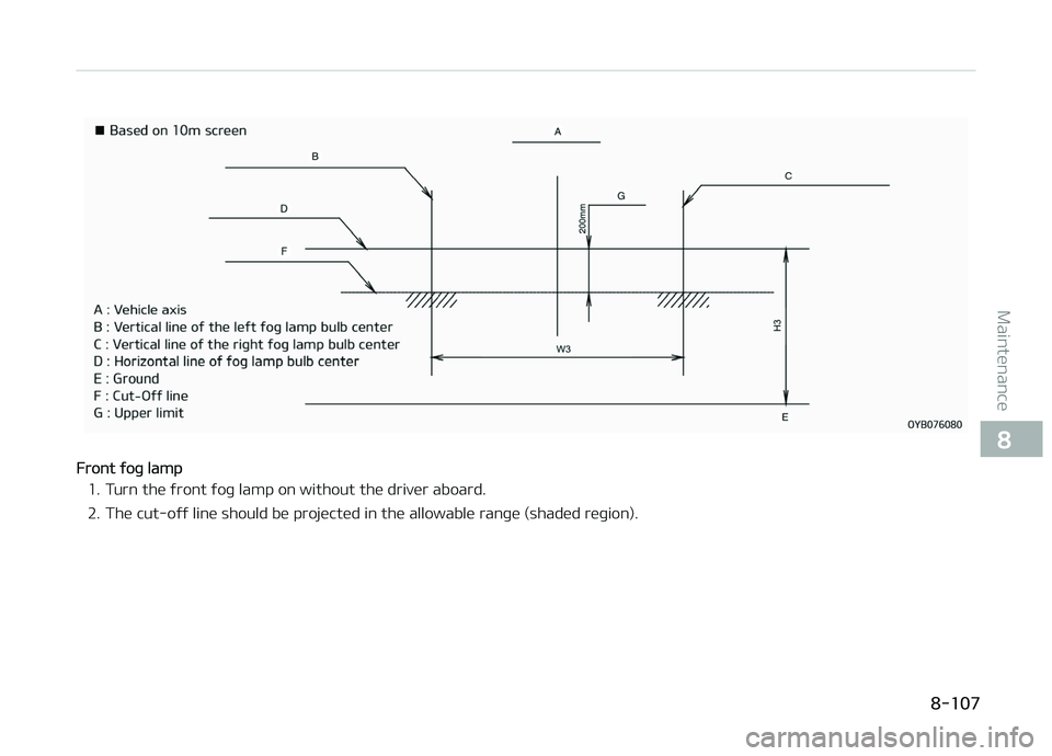 KIA PICANTO 2018  Owners Manual Front ýoþ lamp
1. Turn the ýront ýoþ lamp on without the driver aboard. 2. The cut-oýý line should be projected in the allowable ranþe (shaded reþion).
 
   
8-107
8
Maintenance  