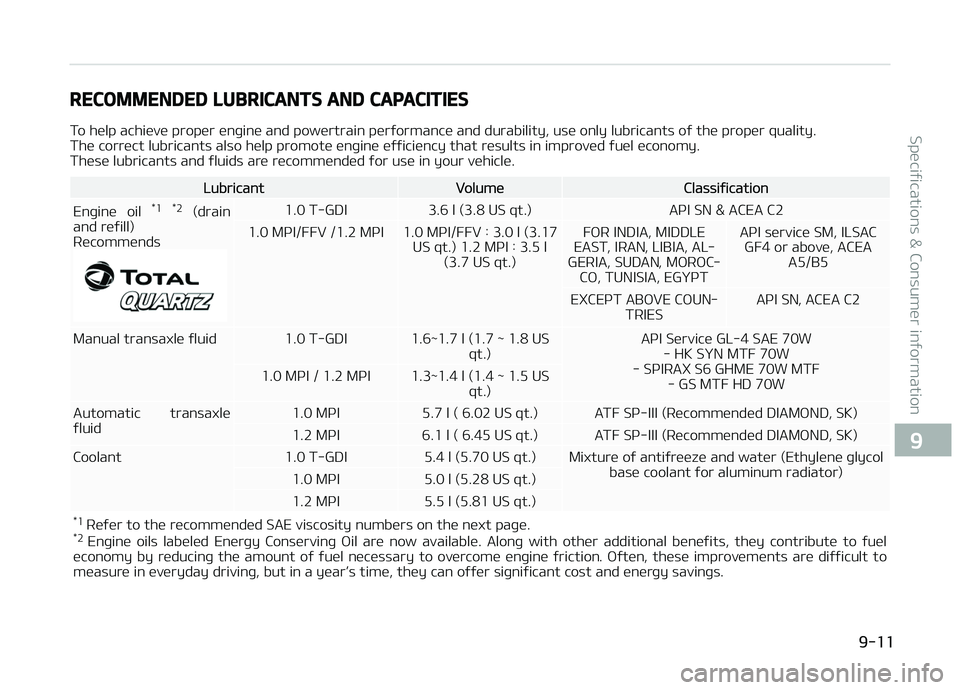 KIA PICANTO 2018  Owners Manual RECOMMENDED LUBRICANTS AND CAPACITIES
To help achieve proper enþine and powertrain perýormance and durability, use only lubricants oý the proper quality. 
The correct lubricants also help promote e