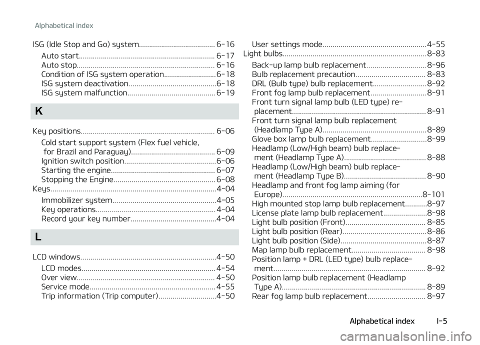 KIA PICANTO 2018  Owners Manual ISG (Idle Stop and Go) system...................................... 6-16Auto start.................................................................... 6-17 
Auto stop..................................