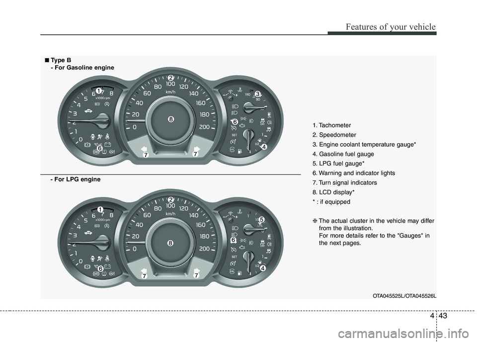 KIA PICANTO 2016  Owners Manual 443
Features of your vehicle
1. Tachometer 
2. Speedometer
3. Engine coolant temperature gauge*
4. Gasoline fuel gauge
5. LPG fuel gauge*
6. Warning and indicator lights
7. Turn signal indicators
8. L