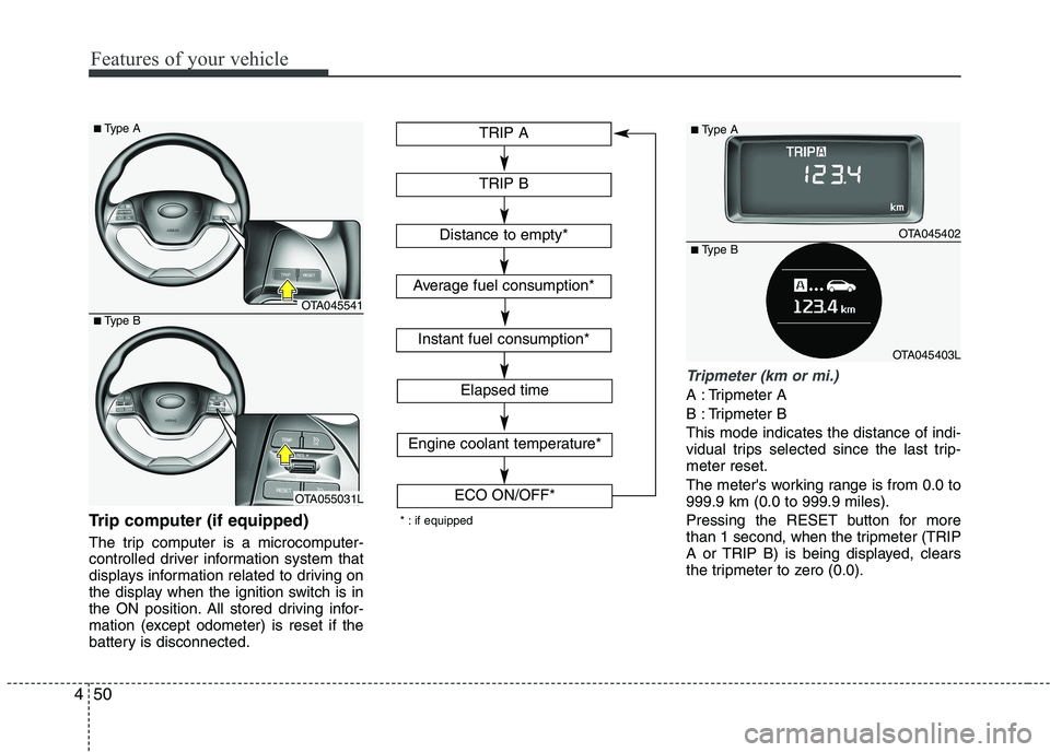 KIA PICANTO 2016 Owners Manual Features of your vehicle
50
4
Trip computer (if equipped)
The trip computer is a microcomputer-
controlled driver information system that
displays information related to driving on
the display when KIA PICANTO 2016 Owners Manual Features of your vehicle
50
4
Trip computer (if equipped)
The trip computer is a microcomputer-
controlled driver information system that
displays information related to driving on
the display when