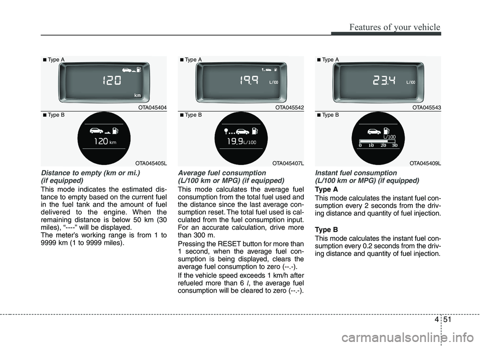 KIA PICANTO 2016  Owners Manual 451
Features of your vehicle
Distance to empty (km or mi.) (if equipped)
This mode indicates the estimated dis- tance to empty based on the current fuelin the fuel tank and the amount of fuel
delivere