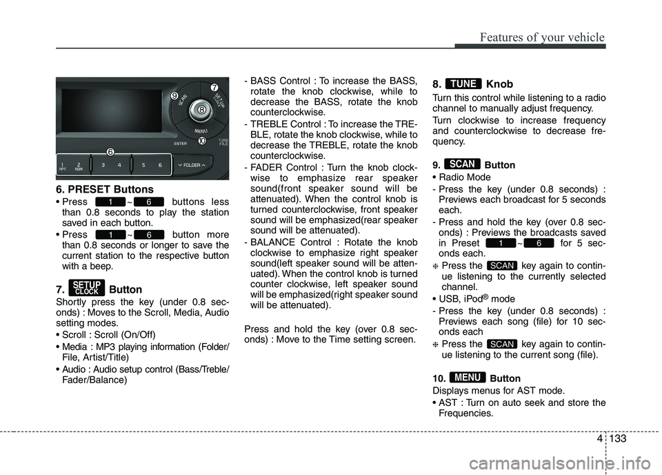 KIA PICANTO 2016  Owners Manual 133
Features of your vehicle
6. PRESET Buttons 
 Press ~ buttons less
than 0.8 seconds to play the station 
saved in each button.
 Press ~ button more than 0.8 seconds or longer to save the
current st