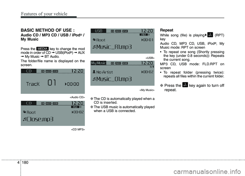 KIA PICANTO 2016 Owners Manual Features of your vehicle
1804BASIC METHOD OF USE :
Audio CD / MP3 CD / USB / iPod
®
/
My Music
Press the key to change the mod mode in order of CD ➟ USB(iPod ®
) ➟ AUX
➟ My Music ➟ B KIA PICANTO 2016 Owners Manual Features of your vehicle
1804BASIC METHOD OF USE :
Audio CD / MP3 CD / USB / iPod
®
/
My Music
Press the key to change the mod mode in order of CD ➟ USB(iPod ®
) ➟ AUX
➟ My Music ➟ B