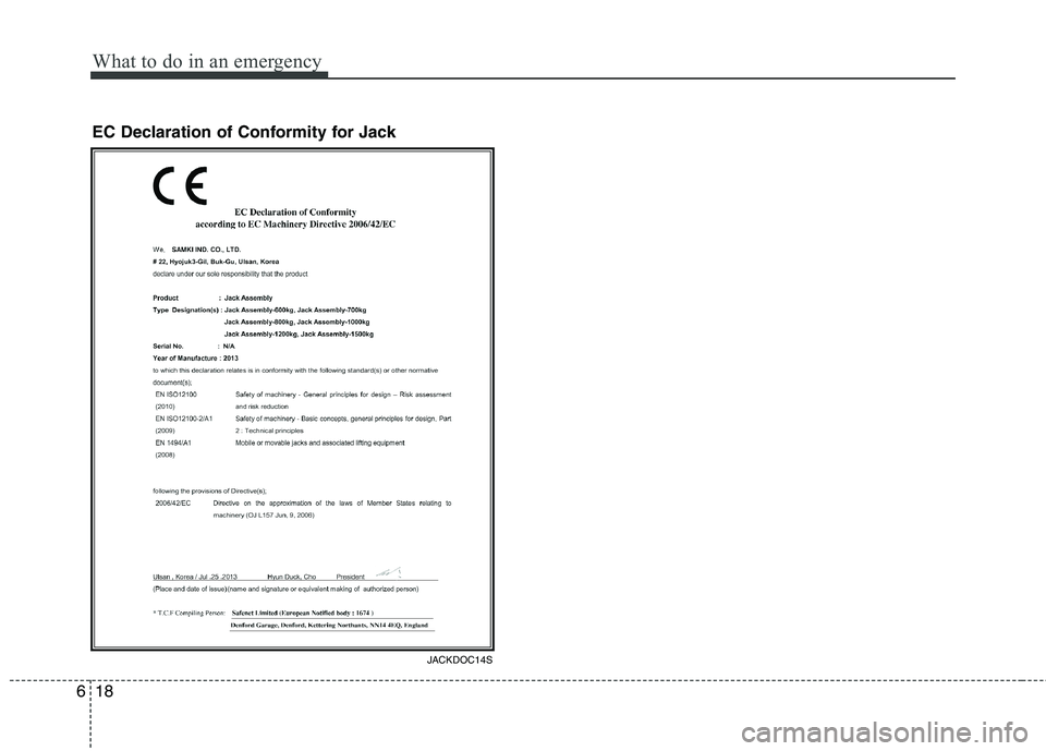 KIA PICANTO 2016 Owners Manual What to do in an emergency
18
6
JACKDOC14S
EC Declaration of Conformity for Jack KIA PICANTO 2016 Owners Manual What to do in an emergency
18
6
JACKDOC14S
EC Declaration of Conformity for Jack