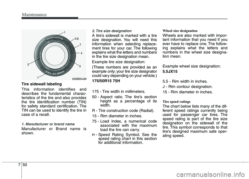 KIA PICANTO 2016 Owners Manual Maintenance
50
7
Tire sidewall labeling
This information identifies and
describes the fundamental charac-
teristics of the tire and also provides
the tire identification number (TIN)
for safety stan KIA PICANTO 2016 Owners Manual Maintenance
50
7
Tire sidewall labeling
This information identifies and
describes the fundamental charac-
teristics of the tire and also provides
the tire identification number (TIN)
for safety stan