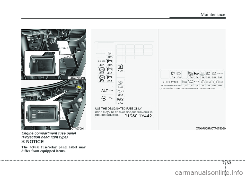 KIA PICANTO 2016  Owners Manual 763
Maintenance
Engine compartment fuse panel(Projection head light type)
✽✽ NOTICE
The actual fuse/relay panel label may 
differ from equipped items.
OTA070041
OTA070024L
OTA075057/OTA075060     