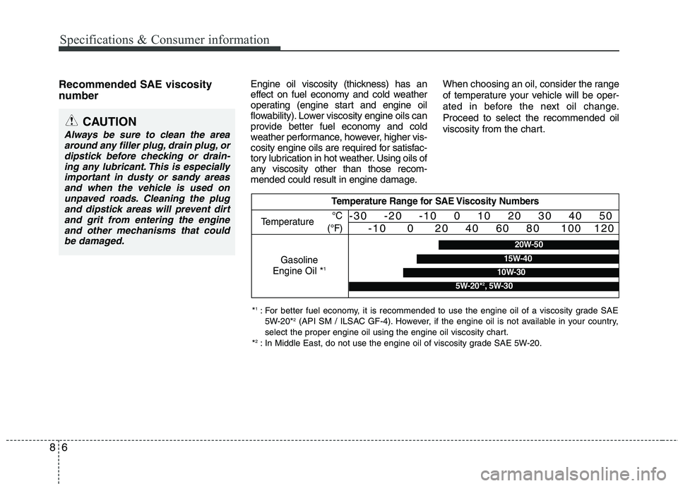 KIA PICANTO 2016 Owners Manual Specifications & Consumer information
6
8
Recommended SAE viscosity
number Engine oil viscosity (thickness) has an
effect on fuel economy and cold weather
operating (engine start and engine oil
flow KIA PICANTO 2016 Owners Manual Specifications & Consumer information
6
8
Recommended SAE viscosity
number Engine oil viscosity (thickness) has an
effect on fuel economy and cold weather
operating (engine start and engine oil
flow