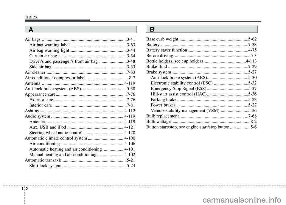 KIA PICANTO 2016  Owners Manual Index
2
I
Air bags ..........................................................................3-41
Air bag warning label ................................................3-63 
Air bag warning light ....