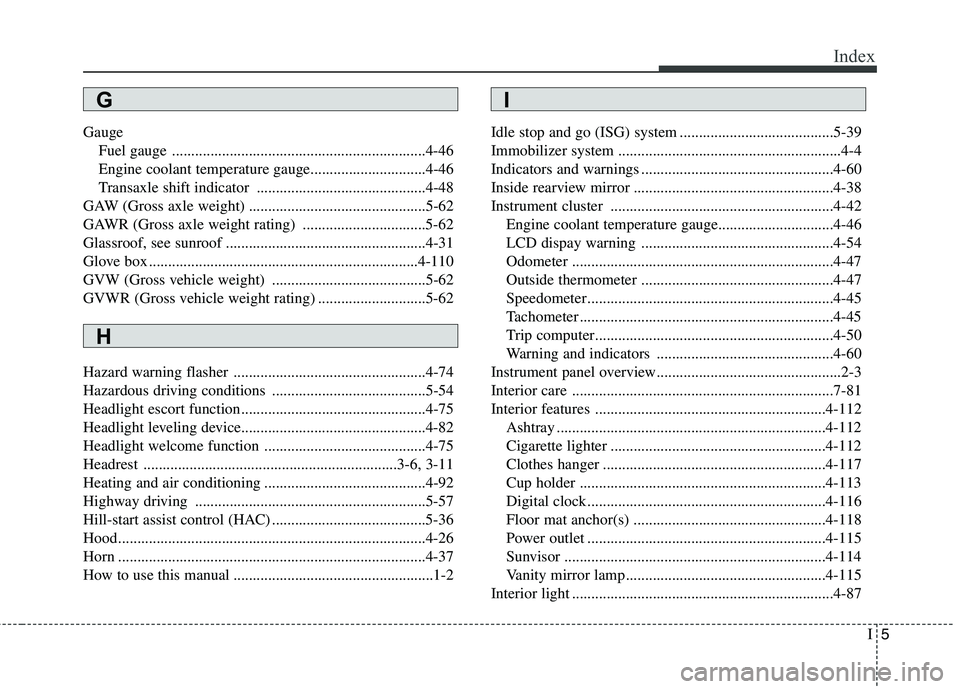 KIA PICANTO 2016  Owners Manual I5
Index
Gauge
Fuel gauge ..................................................................4-46 
Engine coolant temperature gauge..............................4-46
Transaxle shift indicator .........