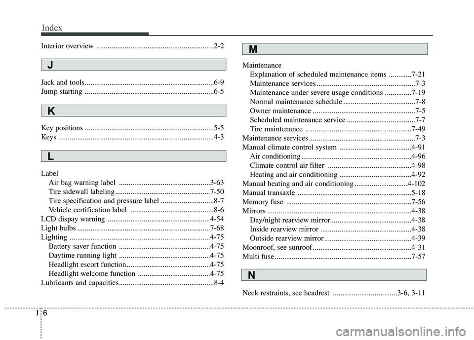 KIA PICANTO 2016  Owners Manual Index
6
I
Interior overview ..............................................................2-2 
Jack and tools....................................................................6-9 
Jump starting ....