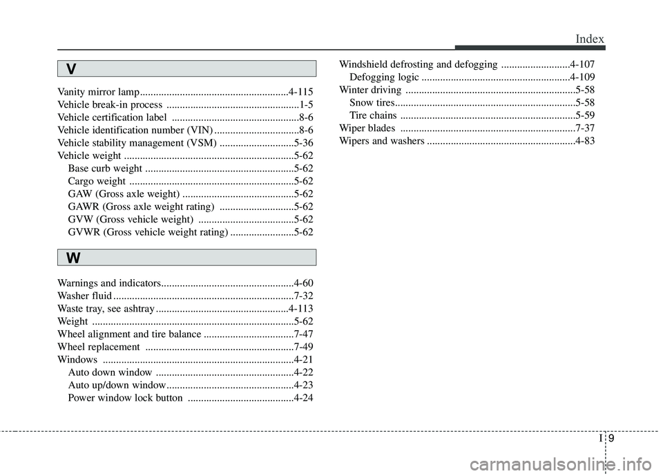 KIA PICANTO 2016  Owners Manual I9
Index
Vanity mirror lamp........................................................4-115 
Vehicle break-in process ..................................................1-5
Vehicle certification label ...