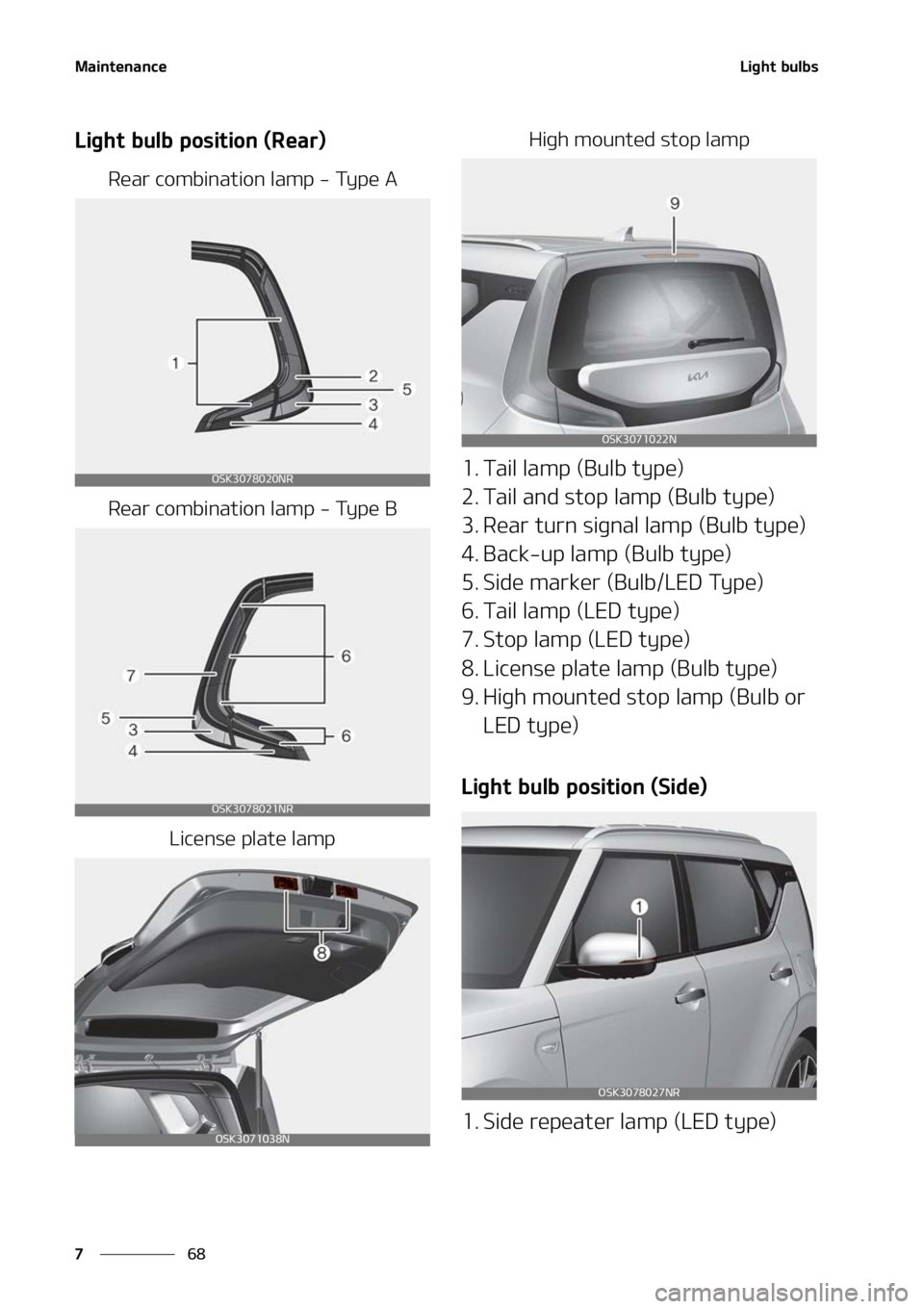 KIA SOUL 2022  Owners Manual �.�B�J�O�U�F�O�B�O�D�F
��
�
�-�J�H�I�U��C�V�M�C�T
�-�J�H�I�U��C�V�M�C��Q�P�T�J�U�J�P�O��	�3�F�B�S�

�3�F�B�S��D�P�N�C�J�O�B�U�J�P�O��M�B�N�Q����5�Z�Q�F��"
�3�F�B�S��D�P�N�C�J�O�B�U�J�P�O