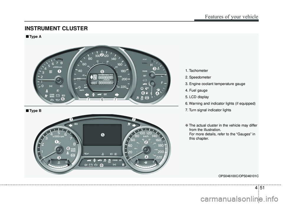 KIA SOUL 2019 Owners Manual 451
Features of your vehicle
INSTRUMENT CLUSTER
1. Tachometer
2. Speedometer
3. Engine coolant temperature gauge
4. Fuel gauge
5. LCD display
6. Warning and indicator lights (if equipped)
7. Turn sig KIA SOUL 2019 Owners Manual 451
Features of your vehicle
INSTRUMENT CLUSTER
1. Tachometer
2. Speedometer
3. Engine coolant temperature gauge
4. Fuel gauge
5. LCD display
6. Warning and indicator lights (if equipped)
7. Turn sig