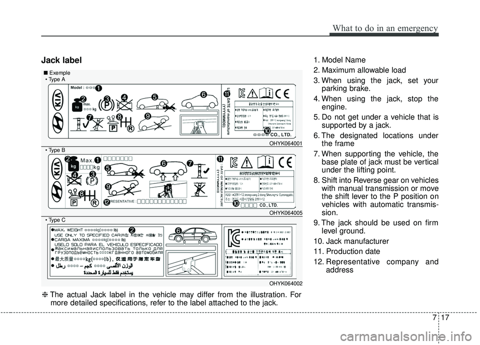 KIA SOUL 2019 Owners Manual 717
What to do in an emergency
Jack label1. Model Name
2. Maximum allowable load
3. When using the jack, set yourparking brake.
4. When using the jack, stop the engine.
5. Do not get under a vehicle t KIA SOUL 2019 Owners Manual 717
What to do in an emergency
Jack label1. Model Name
2. Maximum allowable load
3. When using the jack, set yourparking brake.
4. When using the jack, stop the engine.
5. Do not get under a vehicle t