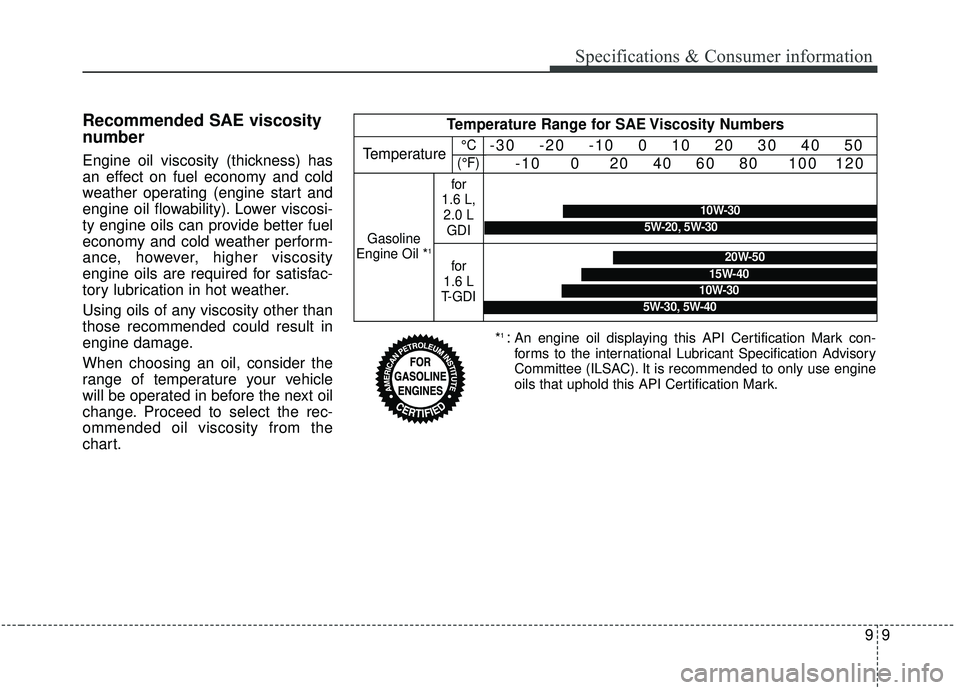 KIA SOUL 2019 Owners Manual 99
Specifications & Consumer information
Recommended SAE viscosity
number
Engine oil viscosity (thickness) has
an effect on fuel economy and cold
weather operating (engine start and
engine oil flowabi KIA SOUL 2019 Owners Manual 99
Specifications & Consumer information
Recommended SAE viscosity
number
Engine oil viscosity (thickness) has
an effect on fuel economy and cold
weather operating (engine start and
engine oil flowabi