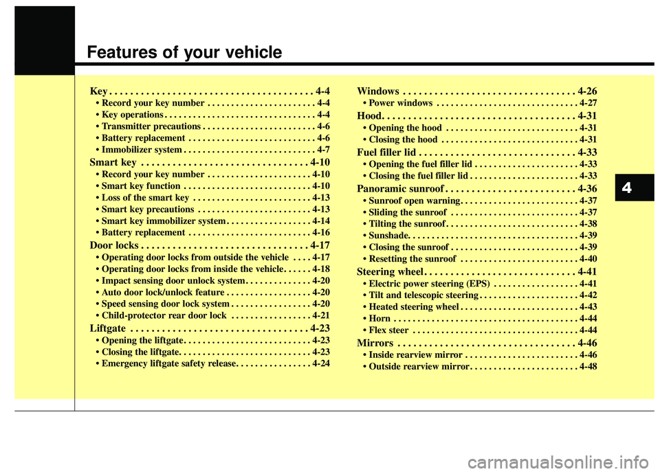 KIA SOUL 2019 Manual Online Features of your vehicle
Key . . . . . . . . . . . . . . . . . . . . . . . . . . . . . . . . . . . . \
. . . 4-4
• Record your key number . . . . . . . . . . . . . . . . . . . . . . . 4-4
 . . . . .
