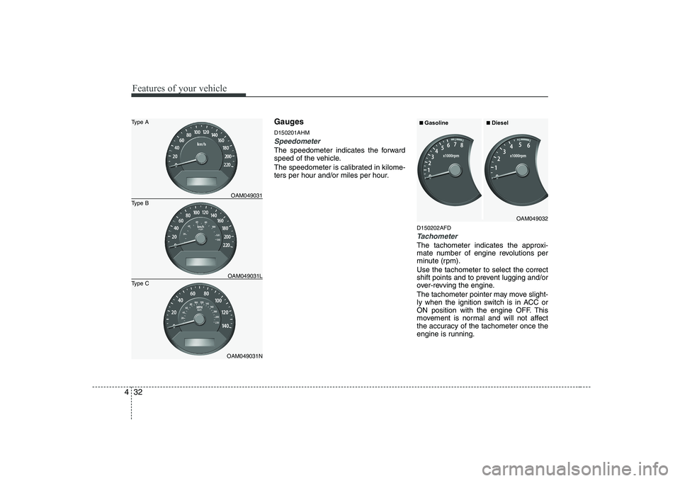 KIA SOUL 2009  Owners Manual Features of your vehicle
32
4
Gauges D150201AHM
Speedometer  
The speedometer indicates the forward 
speed of the vehicle. 
The speedometer is calibrated in kilome- 
ters per hour and/or miles per hou