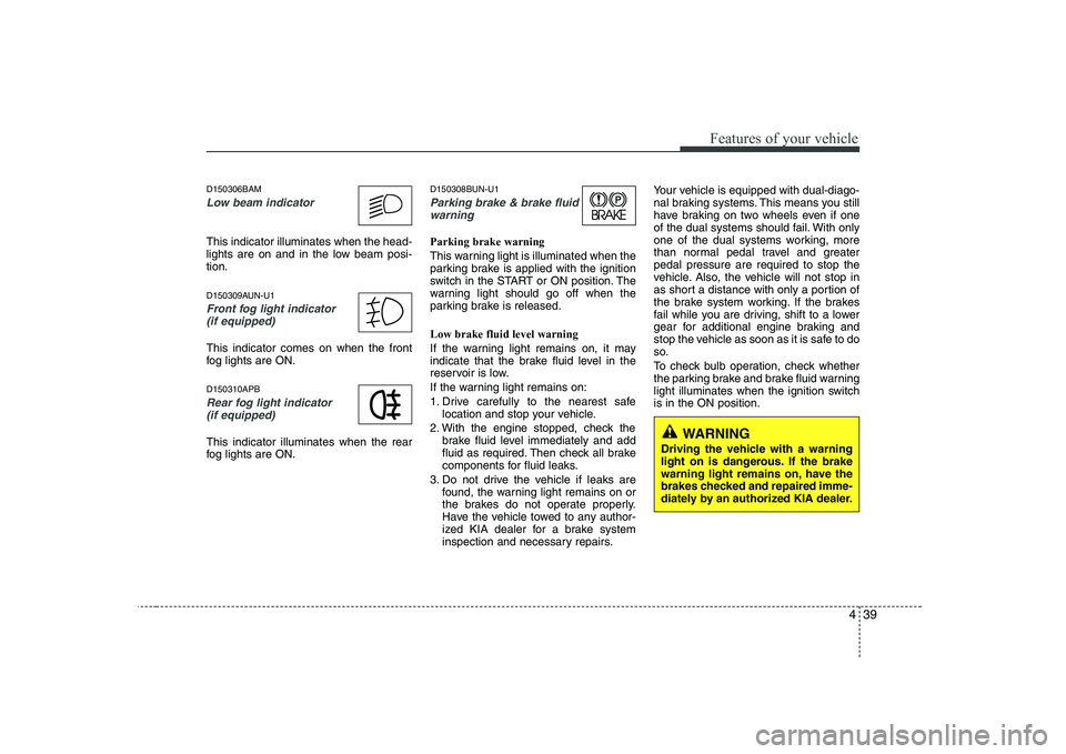 KIA SOUL 2009 Owners Manual 439
Features of your vehicle
D150306BAM
Low beam indicator
This indicator illuminates when the head-
lights are on and in the low beam posi-tion.
D150309AUN-U1
Front fog light indicator (if equippe KIA SOUL 2009 Owners Manual 439
Features of your vehicle
D150306BAM
Low beam indicator
This indicator illuminates when the head-
lights are on and in the low beam posi-tion.
D150309AUN-U1
Front fog light indicator (if equippe