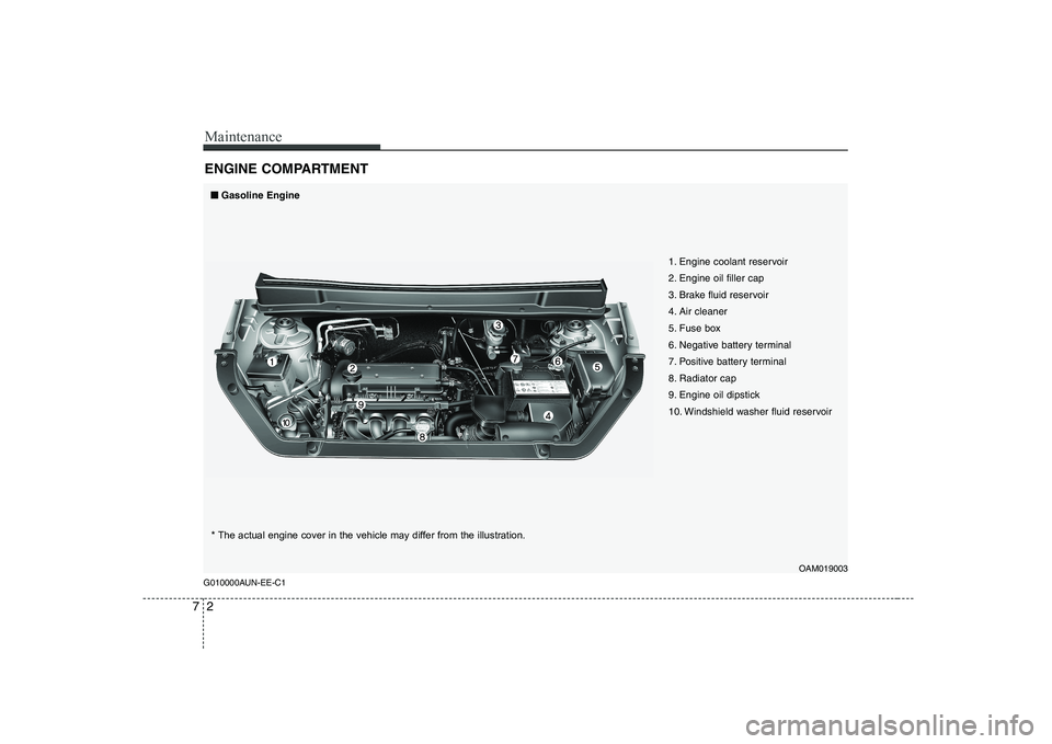 KIA SOUL 2009  Owners Manual Maintenance
2
7
ENGINE COMPARTMENT 
G010000AUN-EE-C1
OAM019003
1. Engine coolant reservoir 
2. Engine oil filler cap
3. Brake fluid reservoir
4. Air cleaner
5. Fuse box
6. Negative battery terminal
7.