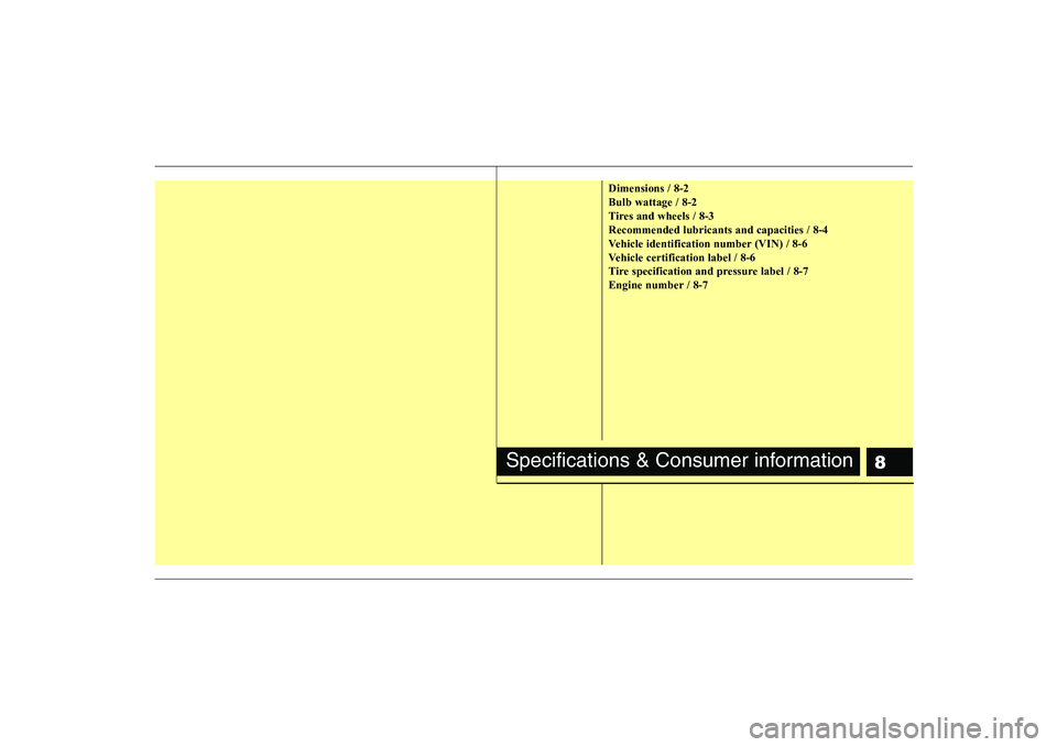 KIA SOUL 2009 Owners Manual 8
Dimensions / 8-2 Bulb wattage / 8-2
Tires and wheels / 8-3Recommended lubricants and capacities / 8-4
Vehicle identification number (VIN) / 8-6
Vehicle certification label / 8-6
Tire specification a KIA SOUL 2009 Owners Manual 8
Dimensions / 8-2 Bulb wattage / 8-2
Tires and wheels / 8-3Recommended lubricants and capacities / 8-4
Vehicle identification number (VIN) / 8-6
Vehicle certification label / 8-6
Tire specification a