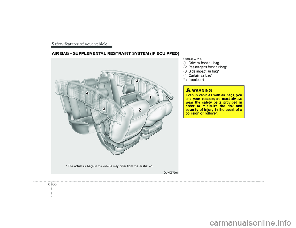 KIA SOUL 2009 Workshop Manual Safety features of your vehicle
38
3
C040000AUN-U1
(1) Driver’s front air bag
(2) Passenger’s front air bag*(3) Side impact air bag*
(4) Curtain air bag*
* : if equipped
AIR BAG - SUPPLEMENTAL RE KIA SOUL 2009 Workshop Manual Safety features of your vehicle
38
3
C040000AUN-U1
(1) Driver’s front air bag
(2) Passenger’s front air bag*(3) Side impact air bag*
(4) Curtain air bag*
* : if equipped
AIR BAG - SUPPLEMENTAL RE