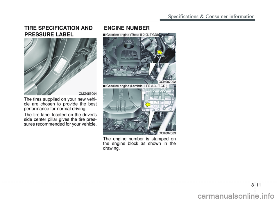 KIA STINGER 2020 Owners Manual 811
Specifications & Consumer information
The tires supplied on your new vehi-
cle are chosen to provide the best
performance for normal driving.
The tire label located on the drivers
side center pil KIA STINGER 2020 Owners Manual 811
Specifications & Consumer information
The tires supplied on your new vehi-
cle are chosen to provide the best
performance for normal driving.
The tire label located on the drivers
side center pil