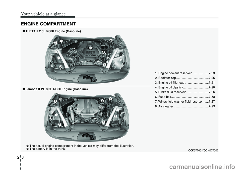 KIA STINGER 2019  Owners Manual Your vehicle at a glance
62
ENGINE COMPARTMENT
OCK077001/OCK077002
1. Engine coolant reservoir....................7-23
2. Radiator cap ......................................7-25
3. Engine oil filler c