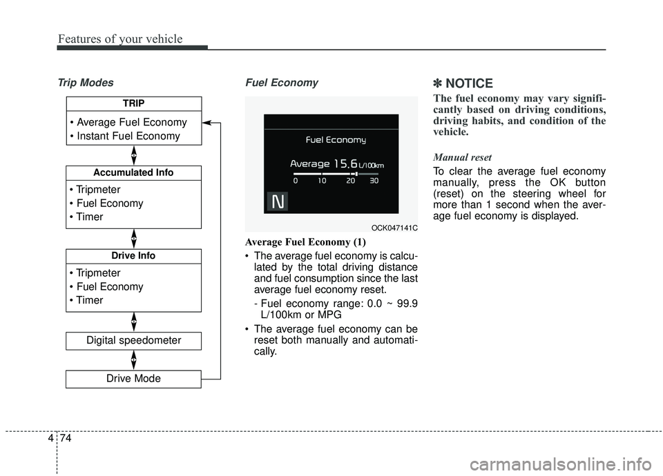 KIA STINGER 2019 Owners Manual Features of your vehicle
74
4
Trip Modes Fuel Economy
Average Fuel Economy (1)
The average fuel economy is calcu-
lated by the total driving distance
and fuel consumption since the last
average fuel KIA STINGER 2019 Owners Manual Features of your vehicle
74
4
Trip Modes Fuel Economy
Average Fuel Economy (1)
The average fuel economy is calcu-
lated by the total driving distance
and fuel consumption since the last
average fuel