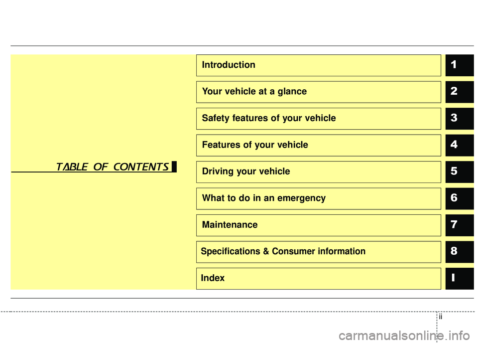 KIA STINGER 2019 Owners Manual ii
1
2
3
4
5
6
7
8I
Introduction
Your vehicle at a glance
Safety features of your vehicle
Features of your vehicle
Driving your vehicle
What to do in an emergency
Maintenance
Specifications & Consumer KIA STINGER 2019 Owners Manual ii
1
2
3
4
5
6
7
8I
Introduction
Your vehicle at a glance
Safety features of your vehicle
Features of your vehicle
Driving your vehicle
What to do in an emergency
Maintenance
Specifications & Consumer