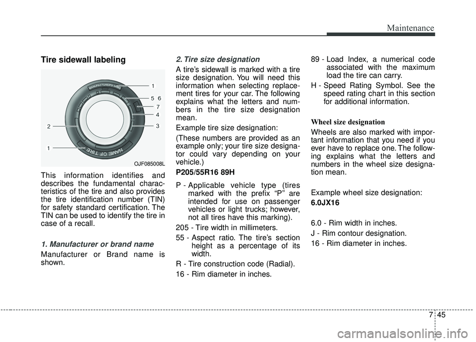 KIA STINGER 2019  Owners Manual 745
Maintenance
Tire sidewall labeling
This information identifies and
describes the fundamental charac-
teristics of the tire and also provides
the tire identification number (TIN)
for safety standar