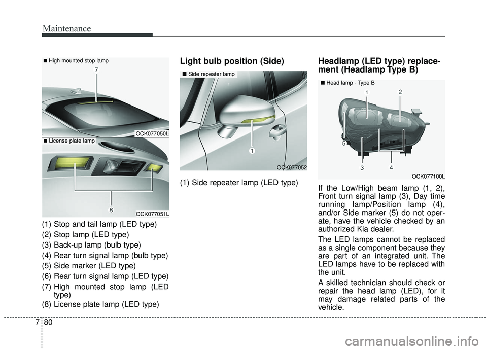 KIA STINGER 2019 Owners Manual Maintenance
80
7
(1) Stop and tail lamp (LED type)
(2) Stop lamp (LED type)
(3) Back-up lamp (bulb type)
(4) Rear turn signal lamp (bulb type)
(5) Side marker (LED type)
(6) Rear turn signal lamp (LED KIA STINGER 2019 Owners Manual Maintenance
80
7
(1) Stop and tail lamp (LED type)
(2) Stop lamp (LED type)
(3) Back-up lamp (bulb type)
(4) Rear turn signal lamp (bulb type)
(5) Side marker (LED type)
(6) Rear turn signal lamp (LED