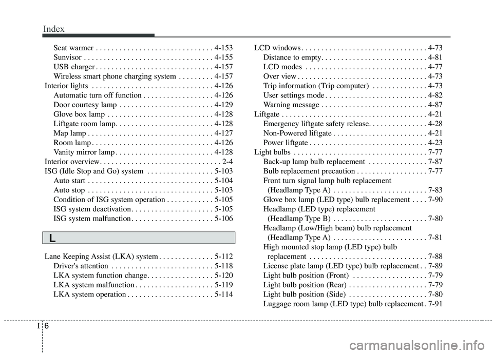 KIA STINGER 2019  Owners Manual Index
6I
Seat warmer . . . . . . . . . . . . . . . . . . . . . . . . . . . . . . 4-153
Sunvisor . . . . . . . . . . . . . . . . . . . . . . . . . . . . . . . . . 4-155
USB charger . . . . . . . . . . 