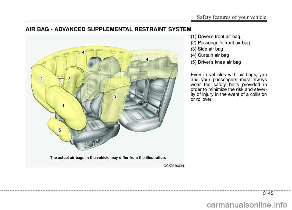KIA STINGER 2019 Repair Manual 345
Safety features of your vehicle
(1) Driver’s front air bag
(2) Passenger’s front air bag
(3) Side air bag
(4) Curtain air bag
(5) Driver’s knee air bag
Even in vehicles with air bags, you
an KIA STINGER 2019 Repair Manual 345
Safety features of your vehicle
(1) Driver’s front air bag
(2) Passenger’s front air bag
(3) Side air bag
(4) Curtain air bag
(5) Driver’s knee air bag
Even in vehicles with air bags, you
an