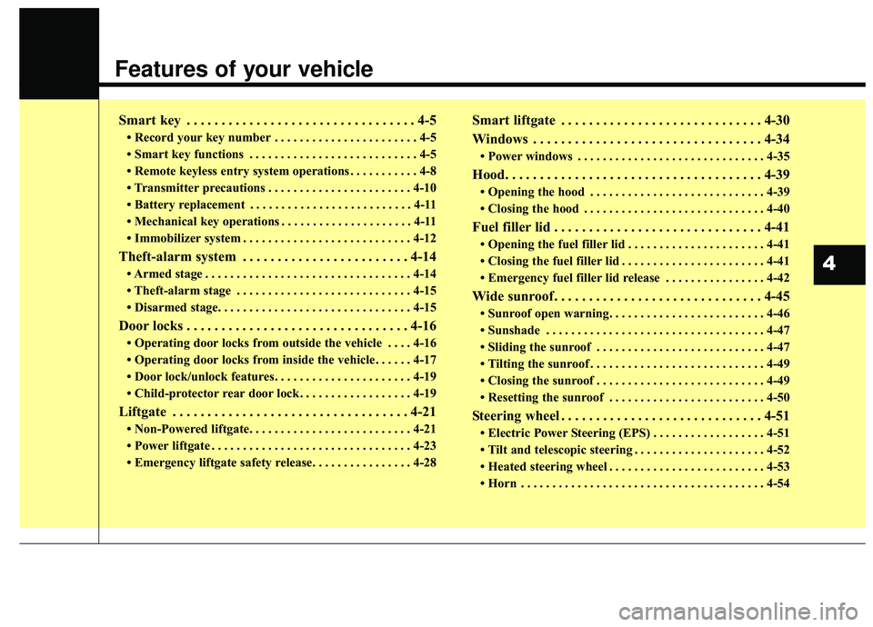 KIA STINGER 2019  Owners Manual Features of your vehicle
Smart key . . . . . . . . . . . . . . . . . . . . . . . . . . . . . . . . . 4-5
• Record your key number . . . . . . . . . . . . . . . . . . . . . . . 4-5
• Smart key func