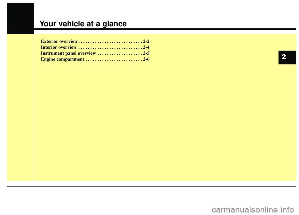 KIA STINGER 2018 User Guide Your vehicle at a glance
Exterior overview . . . . . . . . . . . . . . . . . . . . . . . . . . . 2-2
Interior overview . . . . . . . . . . . . . . . . . . . . . . . . . . . 2-4
Instrument panel overvi