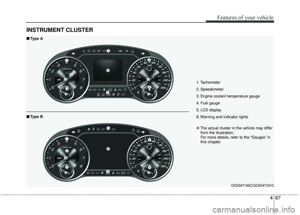 KIA STINGER 2018  Owners Manual 467
Features of your vehicle
INSTRUMENT CLUSTER
1. Tachometer 
2. Speedometer
3. Engine coolant temperature gauge
4. Fuel gauge
5. LCD display
6. Warning and indicator lights
OCK047100C/OCK047101C
■