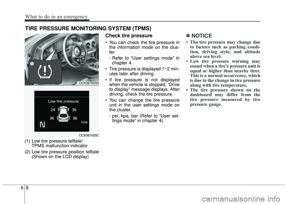 KIA STINGER 2018  Owners Manual What to do in an emergency
86
TIRE PRESSURE MONITORING SYSTEM (TPMS)
(1) Low tire pressure telltale/TPMS malfunction indicator
(2) Low tire pressure position telltale (Shown on the LCD display)
Check 