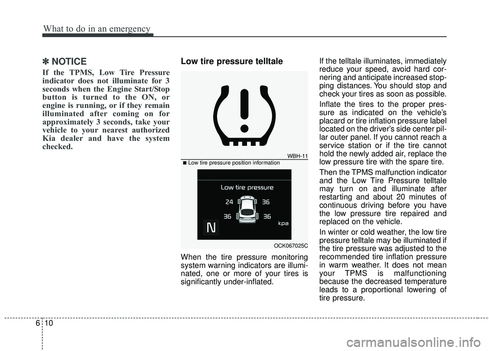 KIA STINGER 2018  Owners Manual What to do in an emergency
10
6
✽ ✽
NOTICE
If the TPMS, Low Tire Pressure
indicator does not illuminate for 3
seconds when the Engine Start/Stop
button is turned to the ON, or
engine is running, o