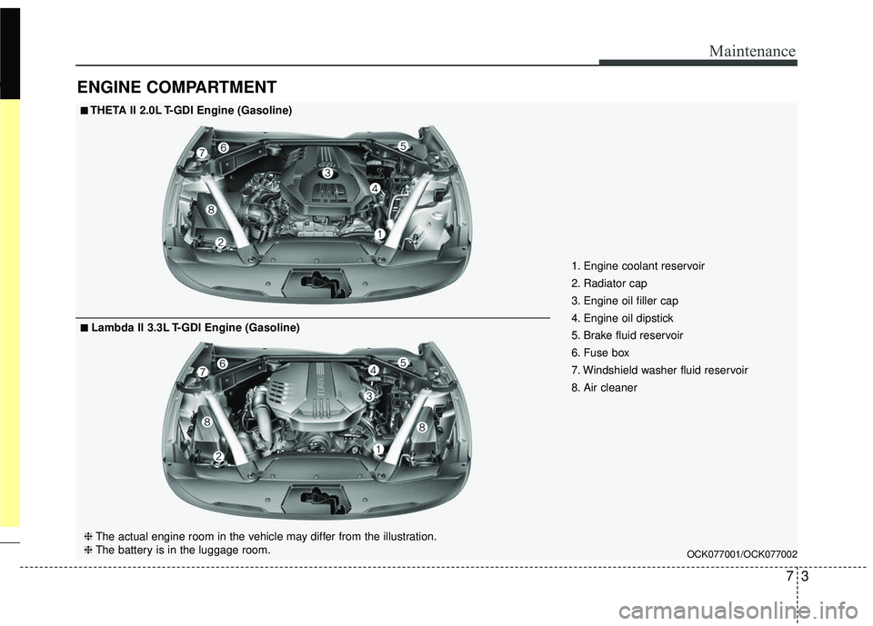 KIA STINGER 2018 Owners Manual 73
Maintenance
ENGINE COMPARTMENT
OCK077001/OCK077002
■ ■THETA II 2.0L T-GDI Engine (Gasoline)
❈ The actual engine room in the vehicle may differ from the illustration.
❈ The battery is in the KIA STINGER 2018 Owners Manual 73
Maintenance
ENGINE COMPARTMENT
OCK077001/OCK077002
■ ■THETA II 2.0L T-GDI Engine (Gasoline)
❈ The actual engine room in the vehicle may differ from the illustration.
❈ The battery is in the