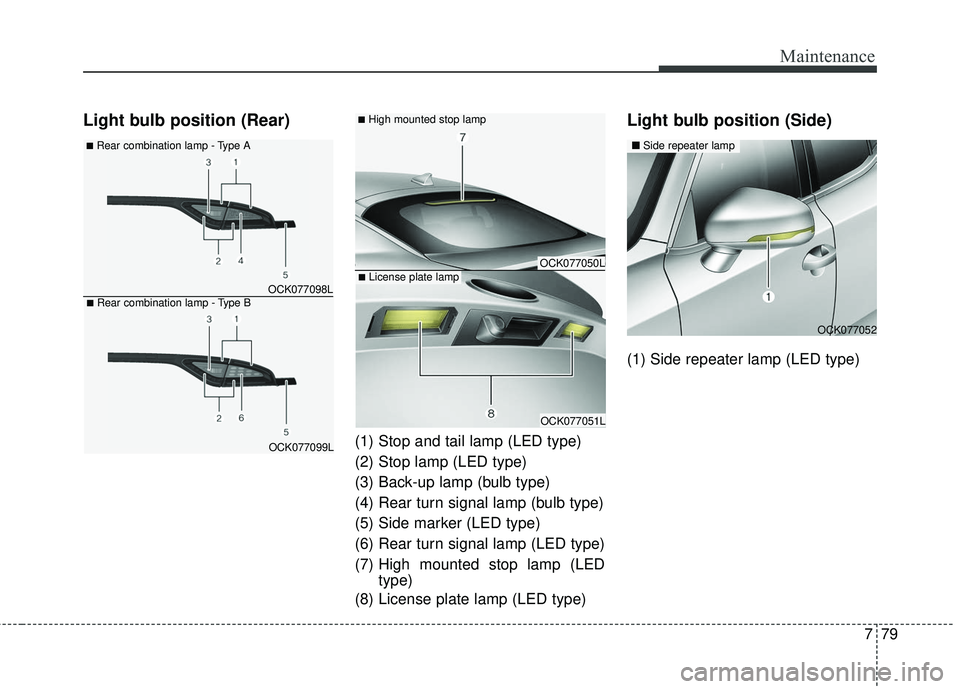 KIA STINGER 2018  Owners Manual 779
Maintenance
Light bulb position (Rear)
(1) Stop and tail lamp (LED type)
(2) Stop lamp (LED type)
(3) Back-up lamp (bulb type)
(4) Rear turn signal lamp (bulb type)
(5) Side marker (LED type)
(6) 