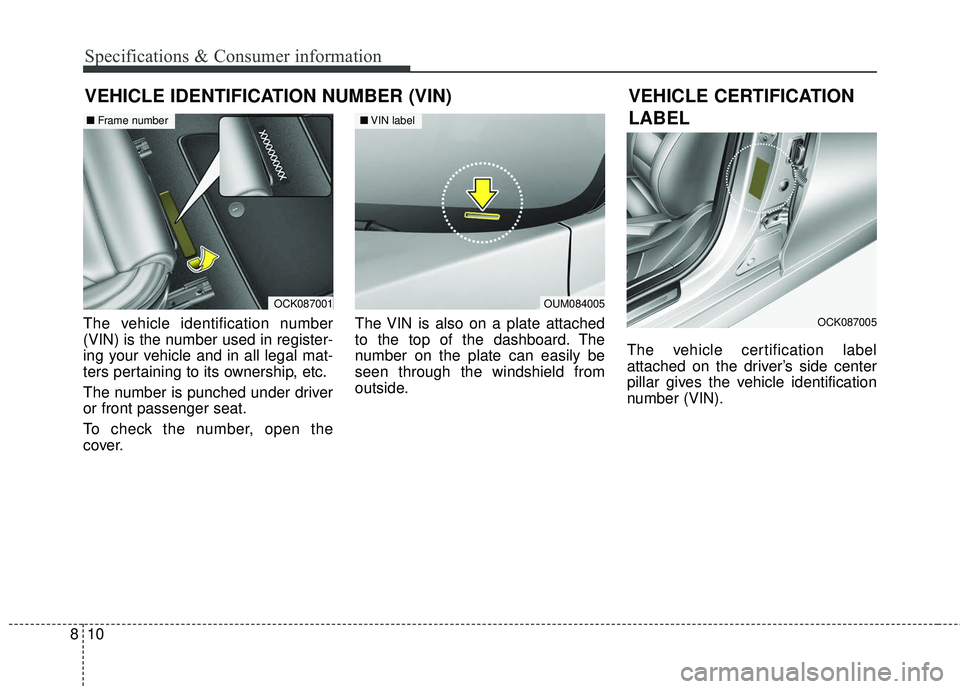 KIA STINGER 2018 Owners Manual 10
8
Specifications & Consumer information
VEHICLE IDENTIFICATION NUMBER (VIN)
The vehicle identification number
(VIN) is the number used in register-
ing your vehicle and in all legal mat-
ters perta KIA STINGER 2018 Owners Manual 10
8
Specifications & Consumer information
VEHICLE IDENTIFICATION NUMBER (VIN)
The vehicle identification number
(VIN) is the number used in register-
ing your vehicle and in all legal mat-
ters perta