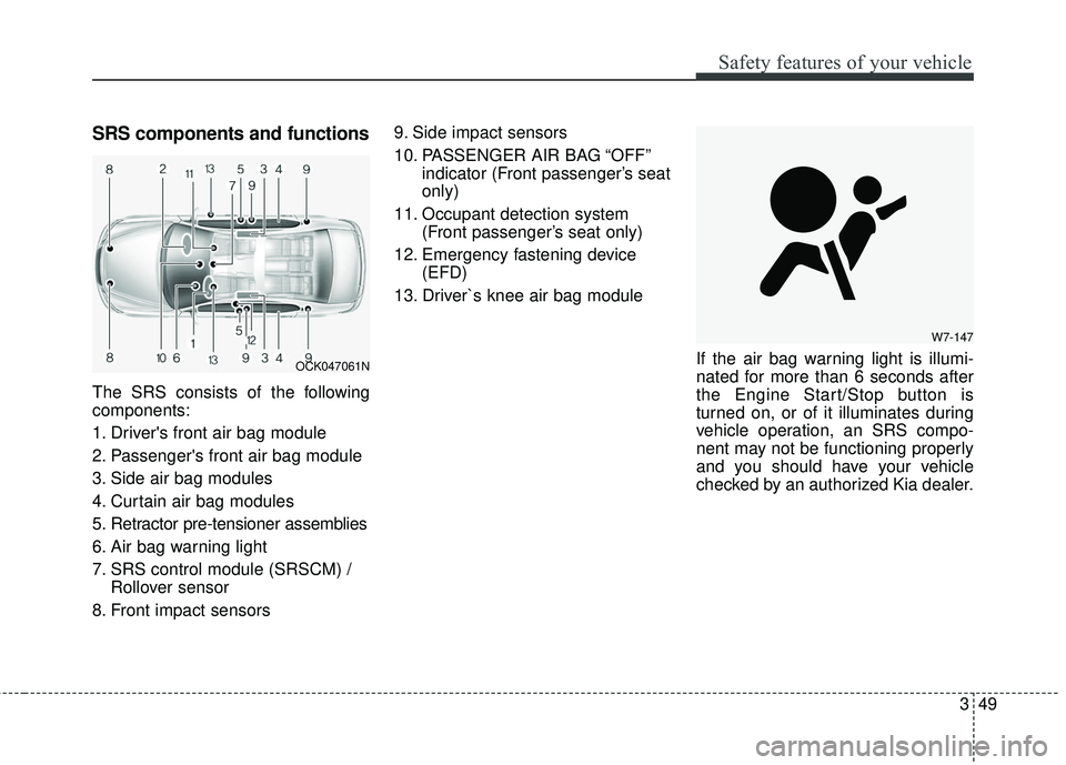 KIA STINGER 2018  Owners Manual 349
Safety features of your vehicle
SRS components and functions
The SRS consists of the following
components:
1. Drivers front air bag module
2. Passengers front air bag module
3. Side air bag modu