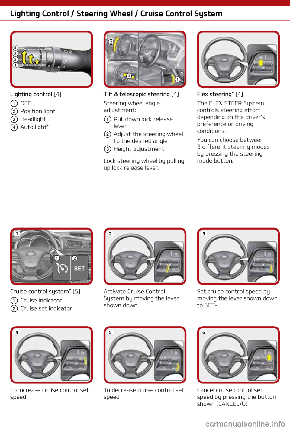 KIA CEED 2018  Owners Manual Lighting Control / Steering Wheel / Cruise Control System 
1234
1
2
3
12
Lighting control [4]
a OFF
b Position light
c Headlight
d Auto light*Tilt & telescopic steering [4]
Steering wheel angle�