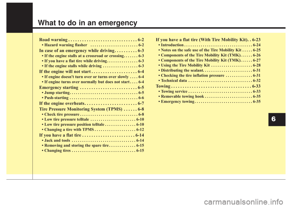 KIA FORTE 2020  Owners Manual What to do in an emergency
Road warning . . . . . . . . . . . . . . . . . . . . . . . . . . . . . . 6-2
• Hazard warning flasher . . . . . . . . . . . . . . . . . . . . . . . 6-2
In case of an emerg