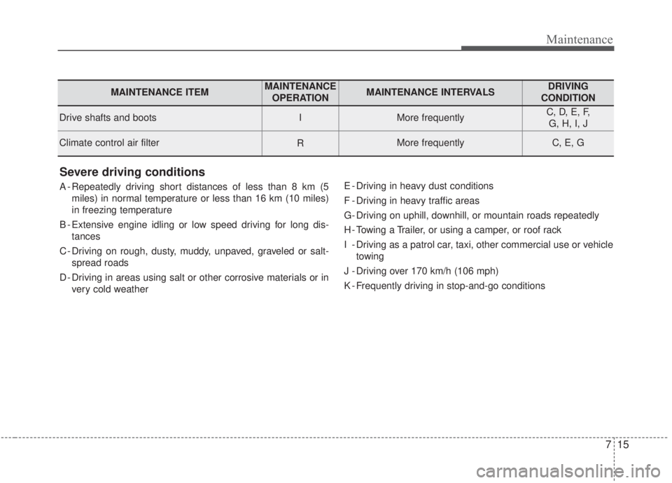KIA FORTE 2020  Owners Manual 715
Maintenance
Severe driving conditions
A - Repeatedly driving short distances of less than 8 km (5miles) in normal temperature or less than 16 km (10 miles)
in freezing temperature
B - Extensive en
