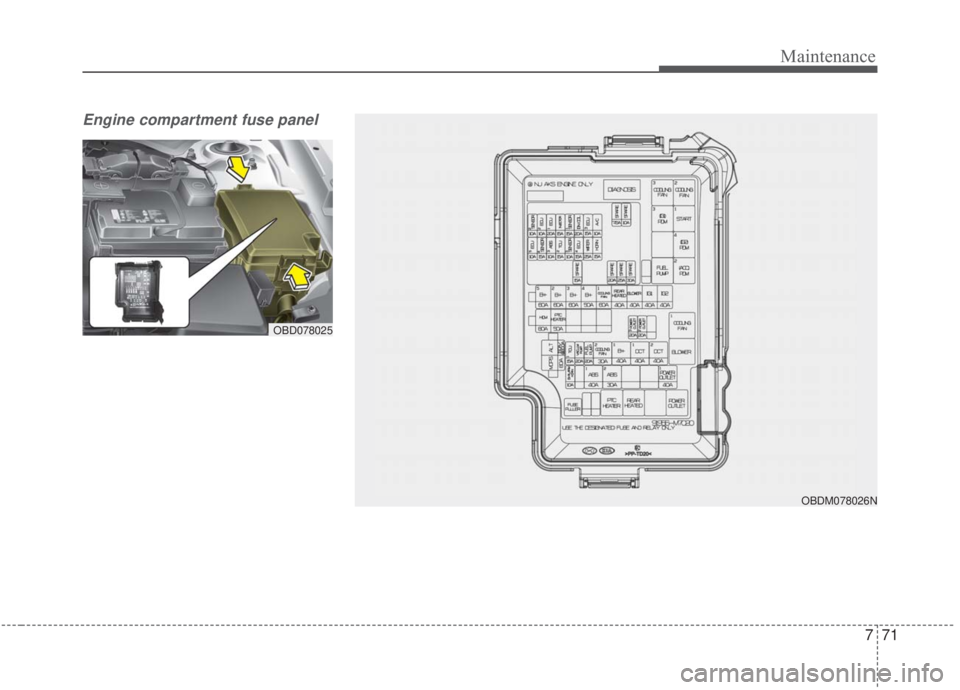 KIA FORTE 2020  Owners Manual 771
Maintenance
Engine compartment fuse panel 
OBDM078026N
OBD078025 