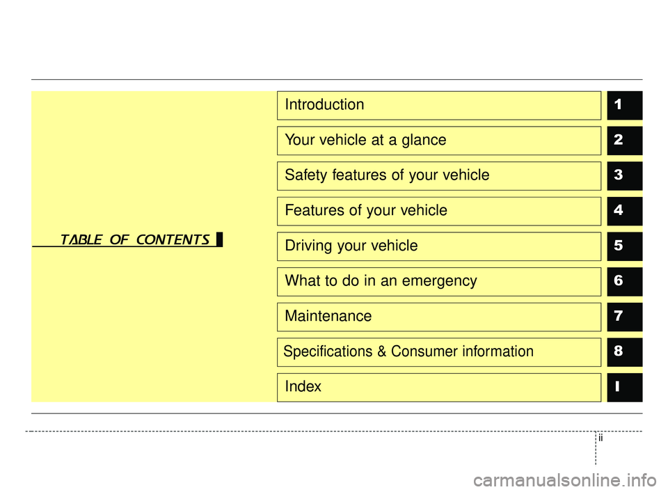 KIA FORTE 2019 Owners Manual ii
table of contents
1
2
3
4
5
6
7
8I
Introduction
Your vehicle at a glance
Safety features of your vehicle
Features of your vehicle
Driving your vehicle
What to do in an emergency
Maintenance
Specifi KIA FORTE 2019 Owners Manual ii
table of contents
1
2
3
4
5
6
7
8I
Introduction
Your vehicle at a glance
Safety features of your vehicle
Features of your vehicle
Driving your vehicle
What to do in an emergency
Maintenance
Specifi